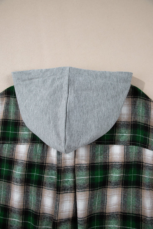 Plaid Print Chest Pocket Button Down Hooded Shacket