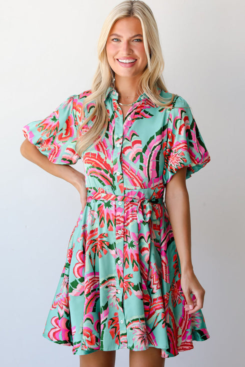 Abstract Lace-up High Waist Buttoned Mini Dress