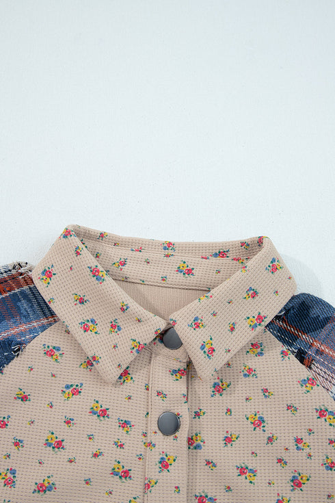 Bohemian Floral Plaid Patchwork Distressed Waffle Knit Shacket