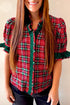 Plaid V Neck Ruffle Trim Short Sleeve Blouse