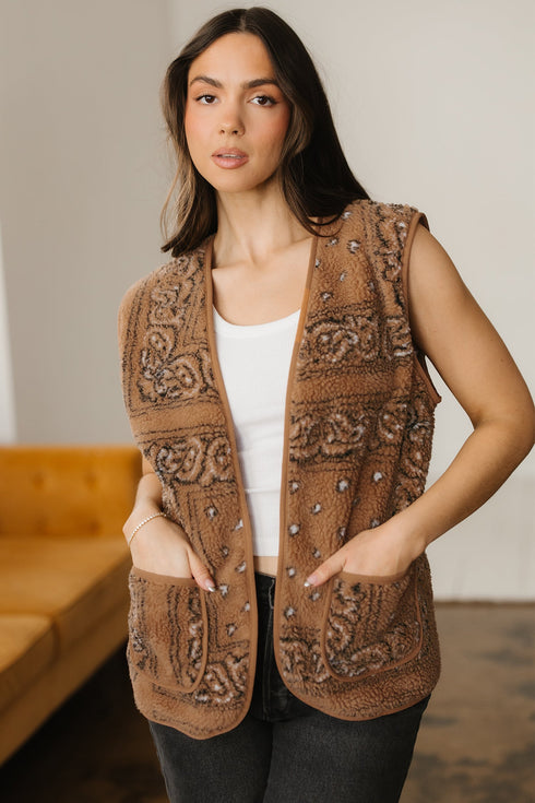 Sherpa Fleece Paisley Print Pocketed Western Vest