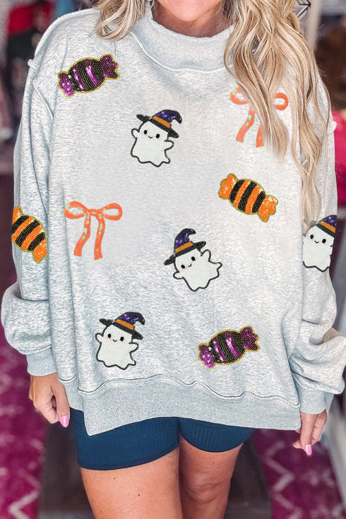 Sequin Ghost And Candy Graphic Pullover Sweatshirt