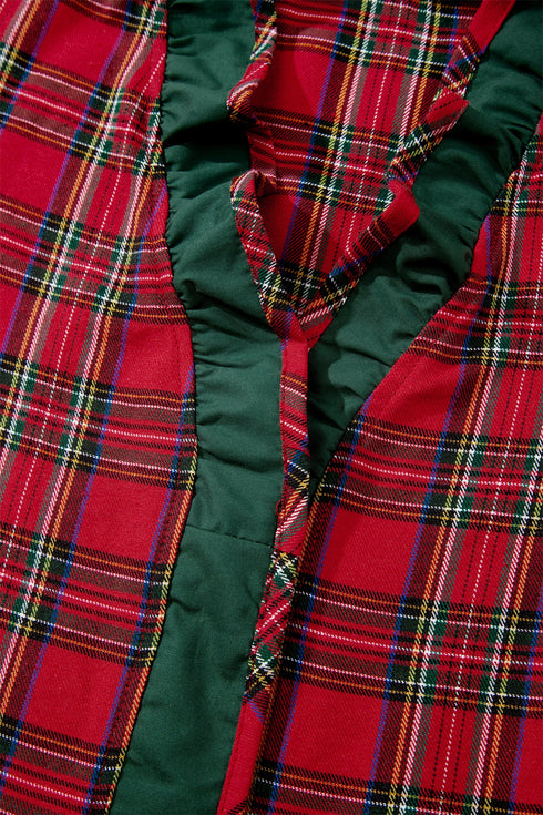 Plaid V Neck Ruffle Trim Short Sleeve Blouse