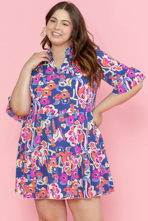 Floral Print Ruffled Three Quarter Sleeve Mini Dress