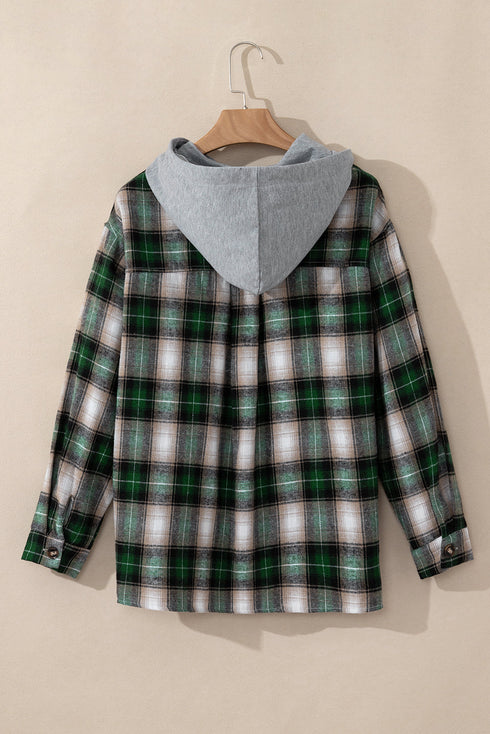 Plaid Print Chest Pocket Button Down Hooded Shacket