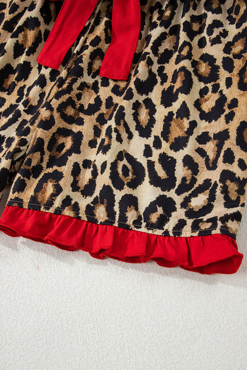 Plaid Leopard Print Patchwork Long Sleeve Shorts Sleepwear