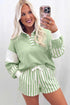 Coordinated Striped Pullover Top Drawstring Short Set