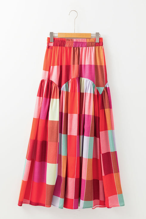 Bohemian Plaid Print Ruched High Waist Maxi Skirt