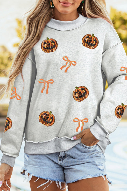 Sequin Pumpkin Face Bow Exposed Seam Pullover Sweatshirt