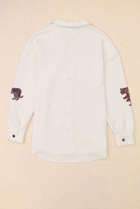 All Over Sequined Animal Print Textured Shirt Jacket