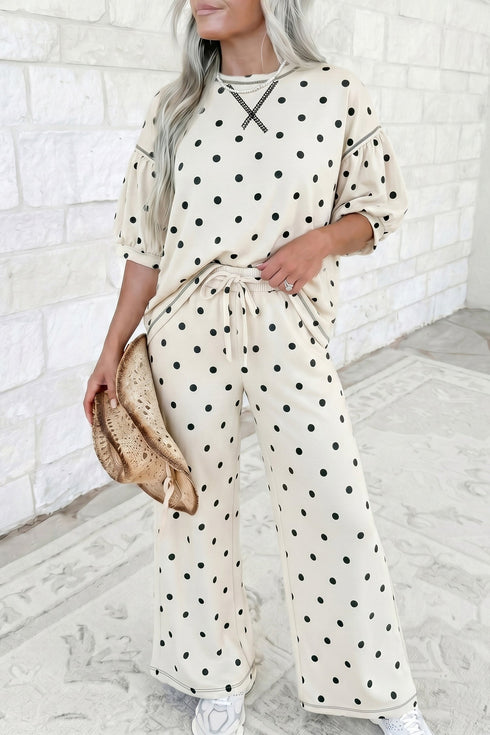 Polka Dot Half Sleeve Loose Top Elastic Waist Pant Set