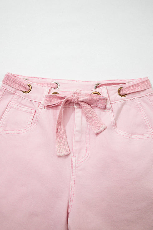 Grommet Knot Waist Detail Curved Barrel Jeans