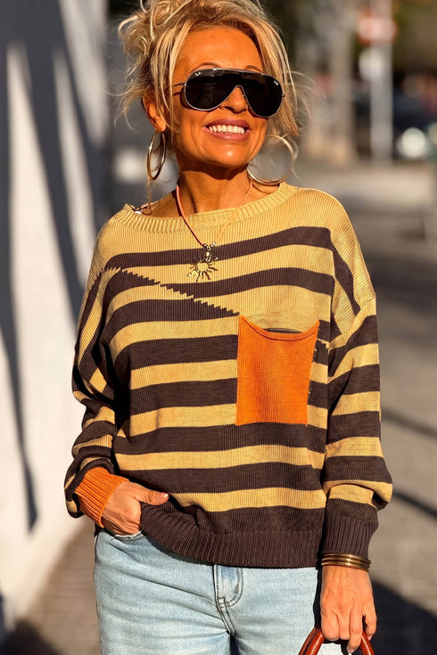 Acrylic Striped Pattern Drop Shoulder Pullover Sweater