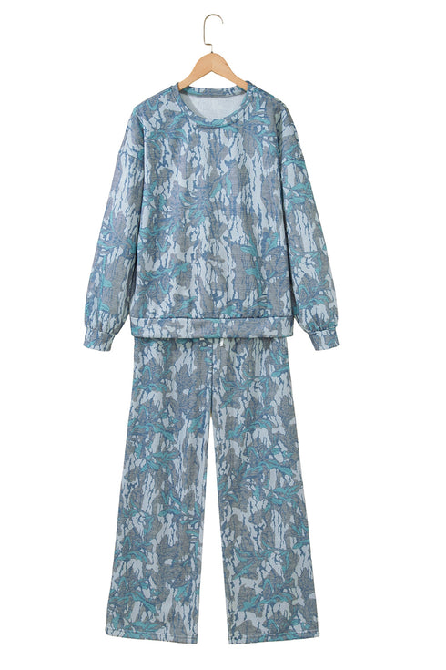 Abstract Floral Print Loose Pullover Drawstring Pants Two Piece Set