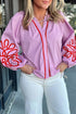 Decorative Neckline Applique Detail Long Sleeve Cotton Blouse