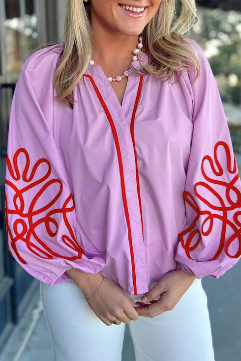 Decorative Neckline Applique Detail Long Sleeve Cotton Blouse