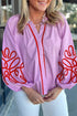 Decorative Neckline Applique Detail Long Sleeve Cotton Blouse