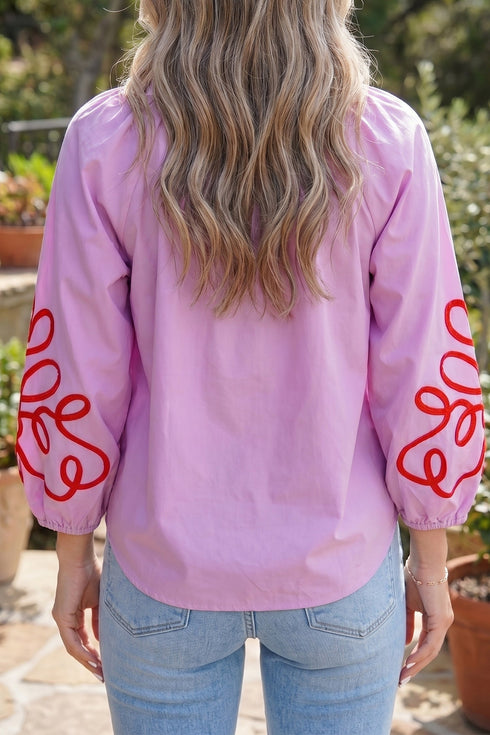 Decorative Neckline Applique Detail Long Sleeve Cotton Blouse