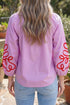 Decorative Neckline Applique Detail Long Sleeve Cotton Blouse