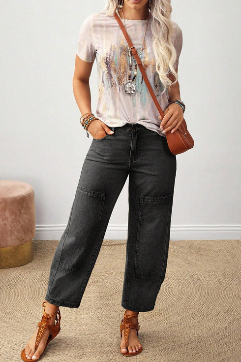 Decorative Seam Patchwork Cotton Rich Barrel Leg Denim Jeans