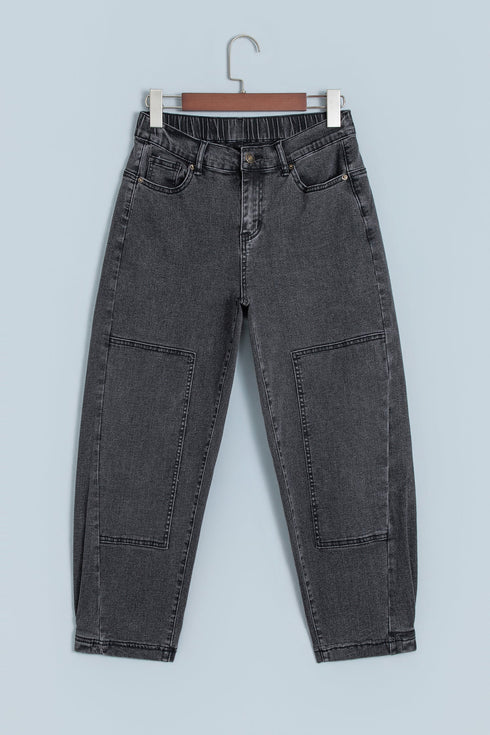 Decorative Seam Patchwork Cotton Rich Barrel Leg Denim Jeans
