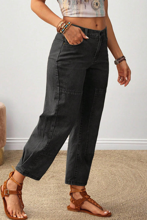 Decorative Seam Patchwork Cotton Rich Barrel Leg Denim Jeans