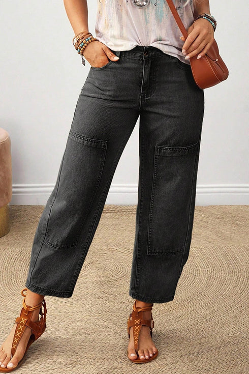 Decorative Seam Patchwork Cotton Rich Barrel Leg Denim Jeans
