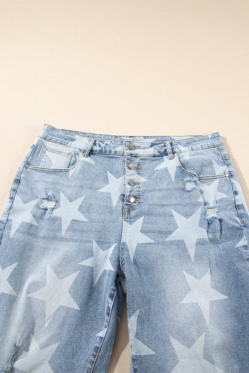 Star Print Multi Button Distressed Wide Leg Jeans