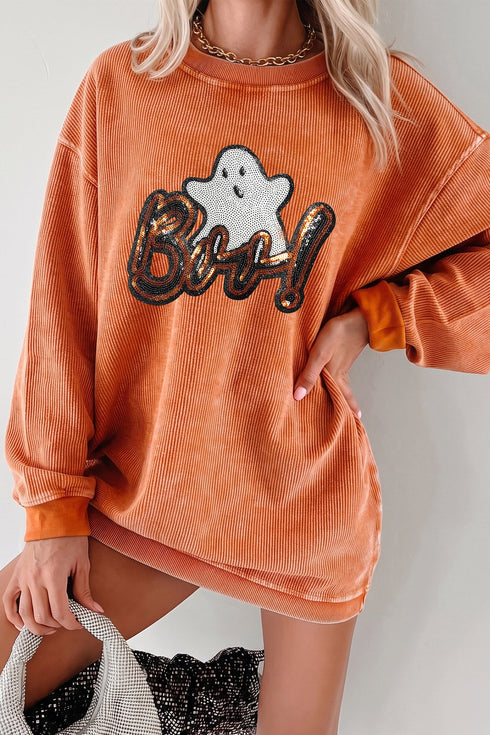 Sequin Ghost Letter Graphic Corded Texture Sweatshirt