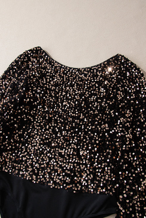 Deep V Back Cut Out Sequin Puff Sleeve Bodysuit