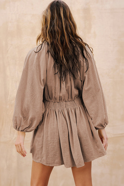 Deep V Bubble Sleeve Smocked Waist Mini Dress
