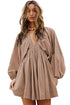 Deep V Bubble Sleeve Smocked Waist Mini Dress