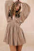 Deep V Bubble Sleeve Smocked Waist Mini Dress