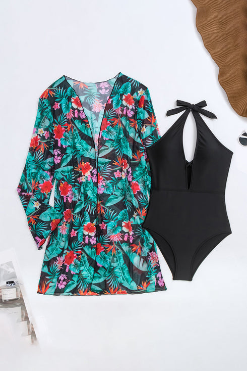 Deep V Neck Halter Strappy Detail One Piece Swimsuit
