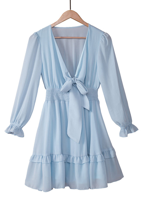 Deep V Neck Lantern Sleeve Knotted Tiered Mini Dress