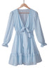 Deep V Neck Lantern Sleeve Knotted Tiered Mini Dress