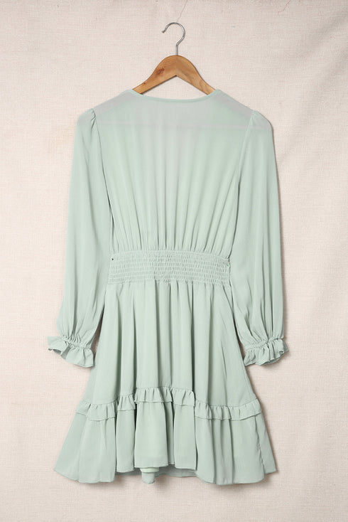 Deep V Neck Lantern Sleeve Knotted Tiered Mini Dress