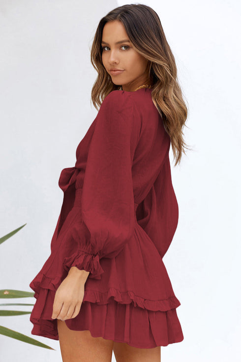 Deep V Neck Lantern Sleeve Knotted Tiered Mini Dress