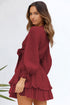 Deep V Neck Lantern Sleeve Knotted Tiered Mini Dress
