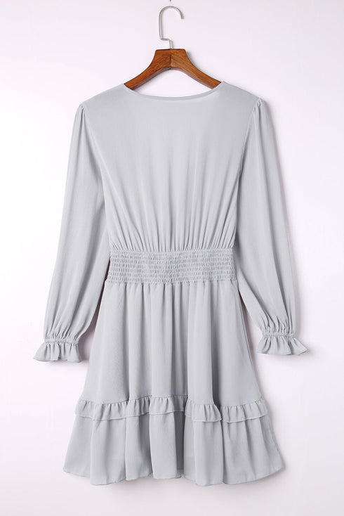 Deep V Neck Lantern Sleeve Knotted Tiered Mini Dress