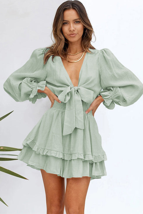 Deep V Neck Lantern Sleeve Knotted Tiered Mini Dress
