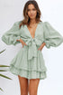 Deep V Neck Lantern Sleeve Knotted Tiered Mini Dress