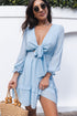 Deep V Neck Lantern Sleeve Knotted Tiered Mini Dress