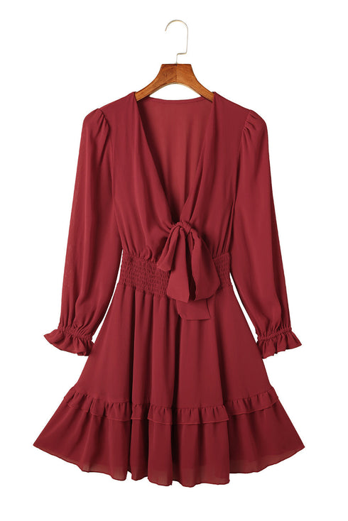 Deep V Neck Lantern Sleeve Knotted Tiered Mini Dress