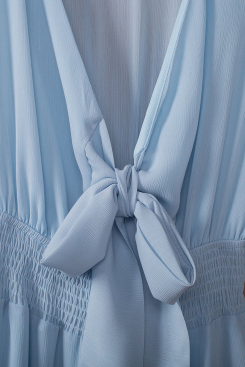 Deep V Neck Lantern Sleeve Knotted Tiered Mini Dress