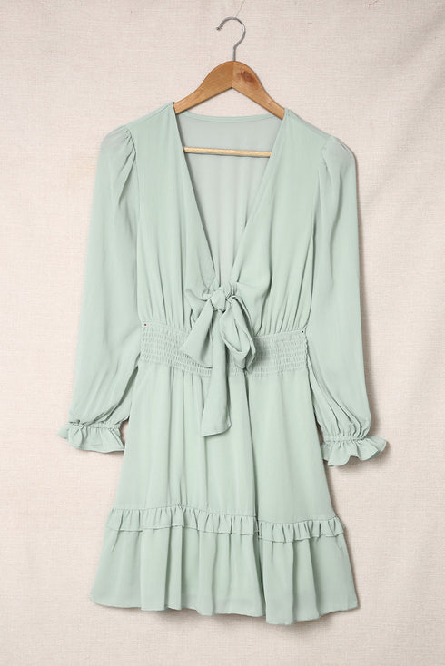 Deep V Neck Lantern Sleeve Knotted Tiered Mini Dress