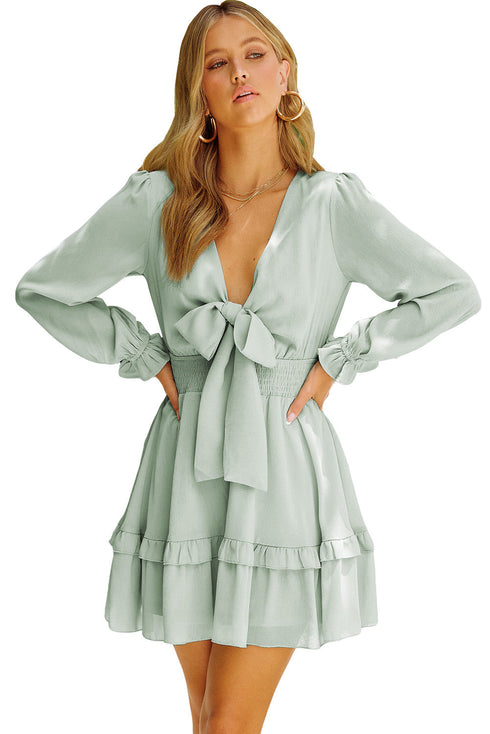 Deep V Neck Lantern Sleeve Knotted Tiered Mini Dress