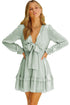 Deep V Neck Lantern Sleeve Knotted Tiered Mini Dress