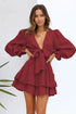 Deep V Neck Lantern Sleeve Knotted Tiered Mini Dress