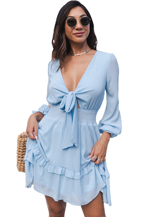 Deep V Neck Lantern Sleeve Knotted Tiered Mini Dress
